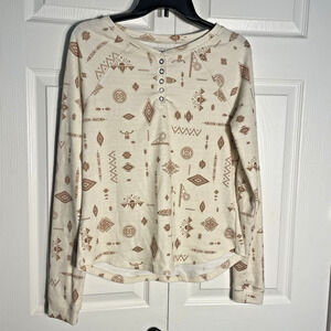 Rank‎ 45 Shirt Men Large Beige Aztech Geo Native Print Waffle Knit Base Layer